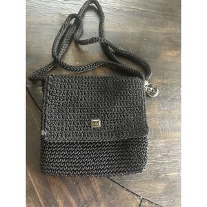 The Sak Black Crochet Crossbody Bag Woven Strap Flap Closure Charm Like new cond